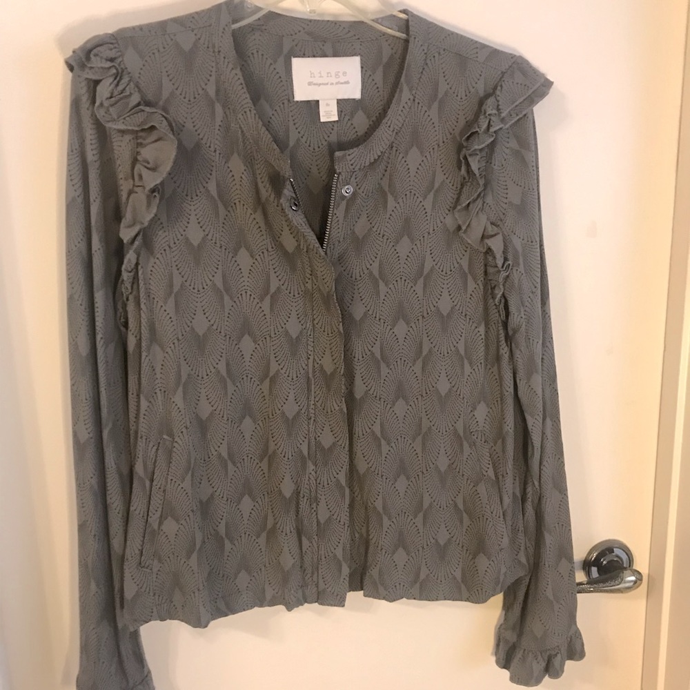 Hinge Olive Patterned Zip & Snap Lightweight Jacket Size Medium Great Condition